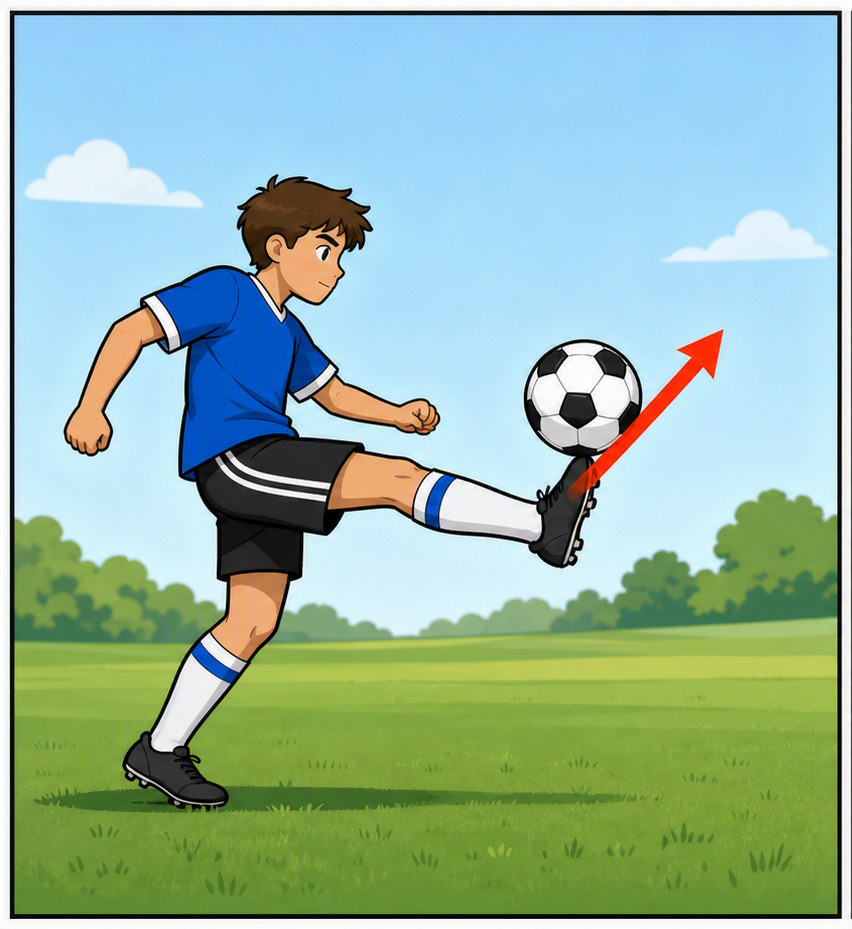 O menino chuta a bola e uma seta vermelha apontando para cima representa a força do pé sobre a bola.