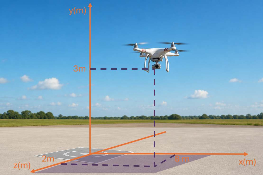 Drone no ar acima de uma área de pouso usado para representar posição em três dimensões