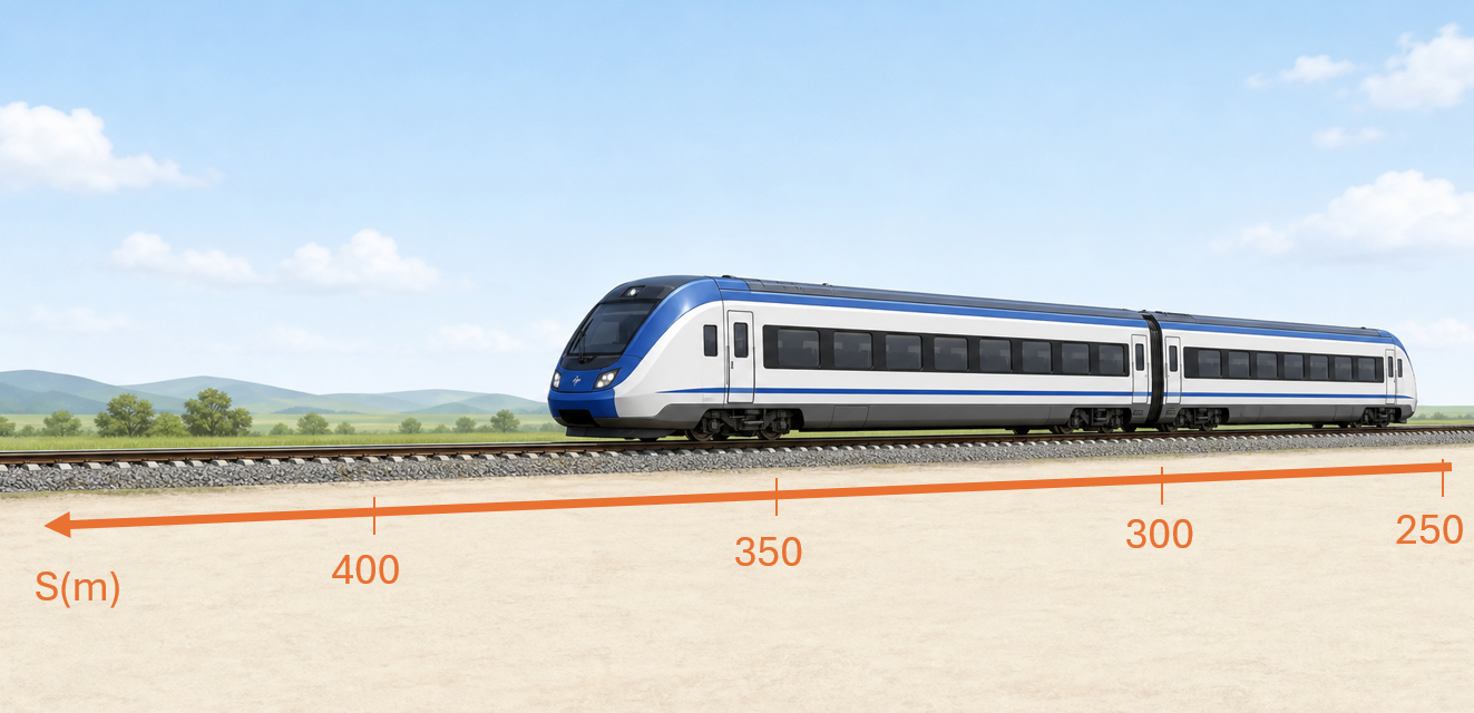 Trem sobre trilho retilíneo usado para representar posição em uma dimensão